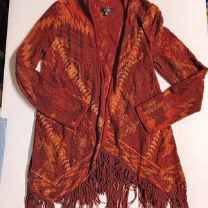 Lucky Brand Fringe Drape Aztec Southwest Western Cardigan Orange Red large